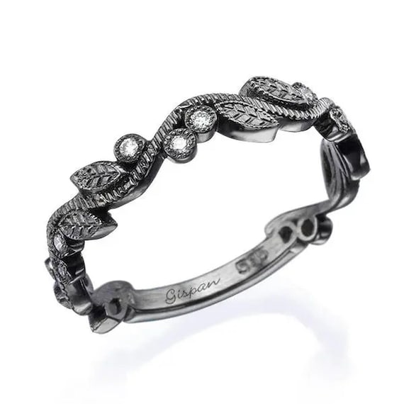 Unique Leaf Diamond Wedding Band in 14k Black Gold, Women Wedding Ring, 14k Gold Rings, Ring Leaves, Unique Gifts, Gispandiamonds