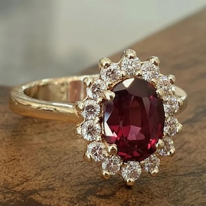 Diana Ruby Ring: 14k Yellow Gold, White Diamond Halo Engagement