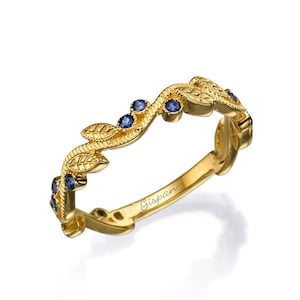 14K Gold Leaf Ring with Blue Sapphires Nature-Inspired Stacking Band, Vintage Sapphire Wedding Band, Unique Gold Anniversary Ring
