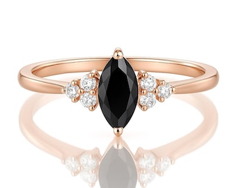 Marquise Black Diamond Engagement Ring, 14K Rose Gold Art Deco