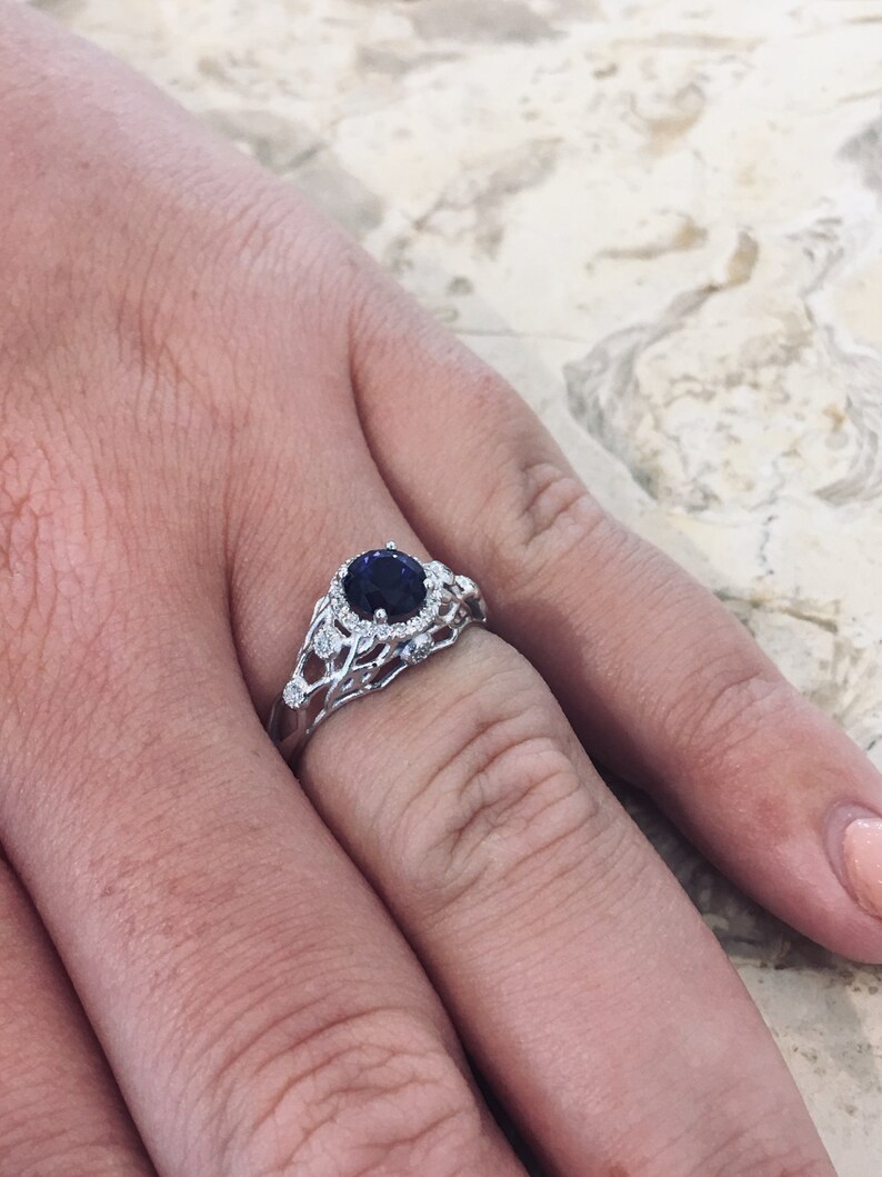 Blue Sapphire Engagement Ring White Gold Filigree Band Etsy