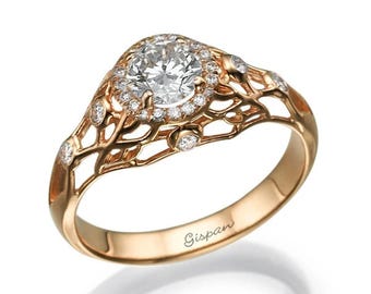 Rosegold filigran Verlobungsring, Blatt Diamant Ring, Art-Deco-Vintage-Stil, 14k Gold Antique Versprechen Ring