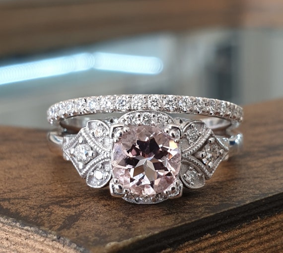 Vintage Pave Halo Oval Morganite Engagement Ring In 14K White Gold |  Fascinating Diamonds