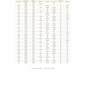 May include: A finger size chart with U.S. sizes, metric measurements in millimeters, and corresponding British, French, German, Japanese, and Swiss ring sizes. The chart includes sizes from 4 to 12.