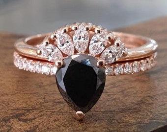 Engagement Ring Set Pear Black Diamond 14k Rose Gold Diamond Band Marquise Diamond Wedding Band