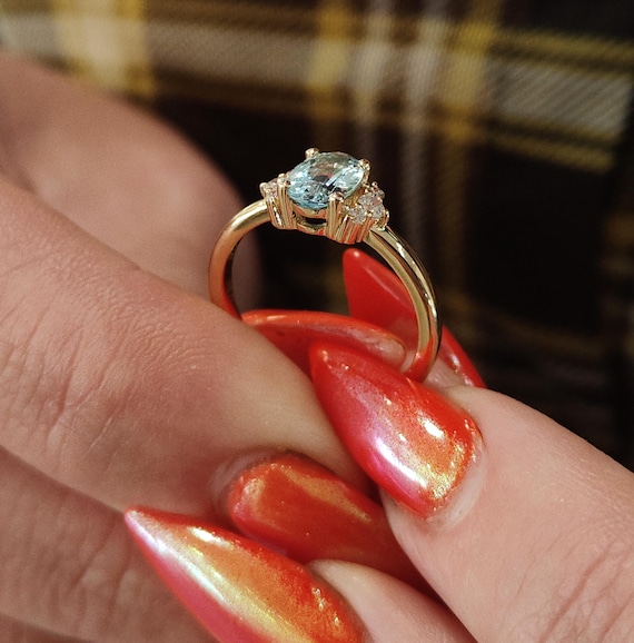 Aquamarine Statement Ring 14k Yellow Gold Oval Gemstone Diamond