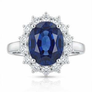 Princess Diana Sapphire Halo Ring 4CT Oval Cut : 9K White Gold, Lab Diamond Accent image 1