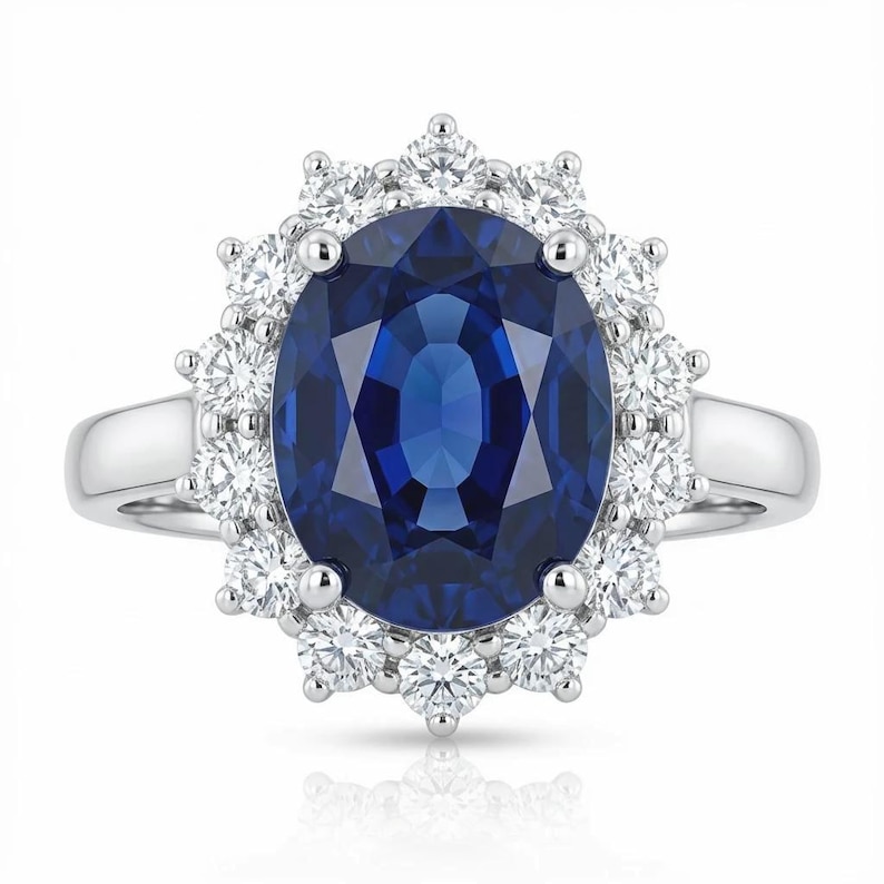 Princess Diana Sapphire Halo Ring 4CT Oval Cut : 9K White Gold, Lab Diamond Accent image 1