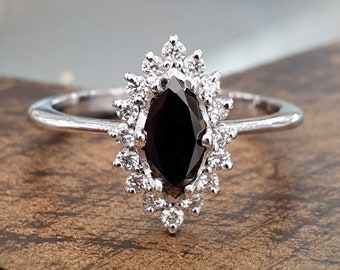 Marquise Black Diamond Engagement Ring Diana Style 14K White Gold And White Diamonds Anniversary Promise Ring For Women