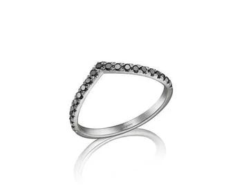 Black Diamond Wedding Band 14K White Gold Ring Chevron Ring