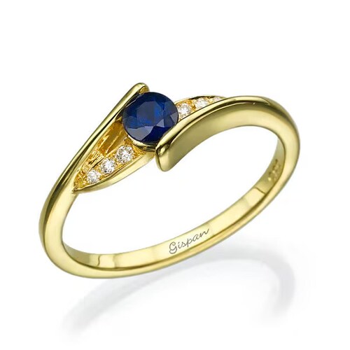 Anillo de compromiso con zafiro azul, anillo de oro amarillo, anillo de oro de 14 k, anillo de compromiso, anillo torcido, anillo curvo, anillo de diamantes, anillo delicado