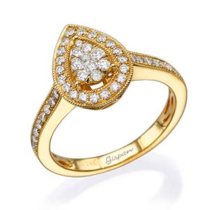 Teardrop Diamond Engagement Ring 14K Yellow Gold Milgrain Ring Vintage Inspired Pear Halo