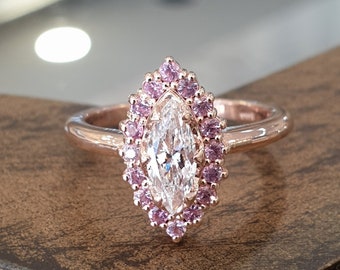 Diamond Engagement Ring Marquise Cut Diamond Pink Sapphire in Halo Setting 14k Solid Gold