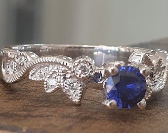 Leaves Blue Sapphire Engagement Ring, White Gold Ring, Leaf Ring, Sapphire Ring, 1 Carat Ring, Art Deco Ring, Vintage Ring, Gem Ring