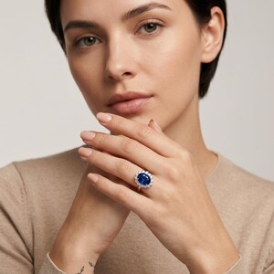 Princess Diana Sapphire Halo Ring 4CT Oval Cut : 9K White Gold, Lab Diamond Accent image 6
