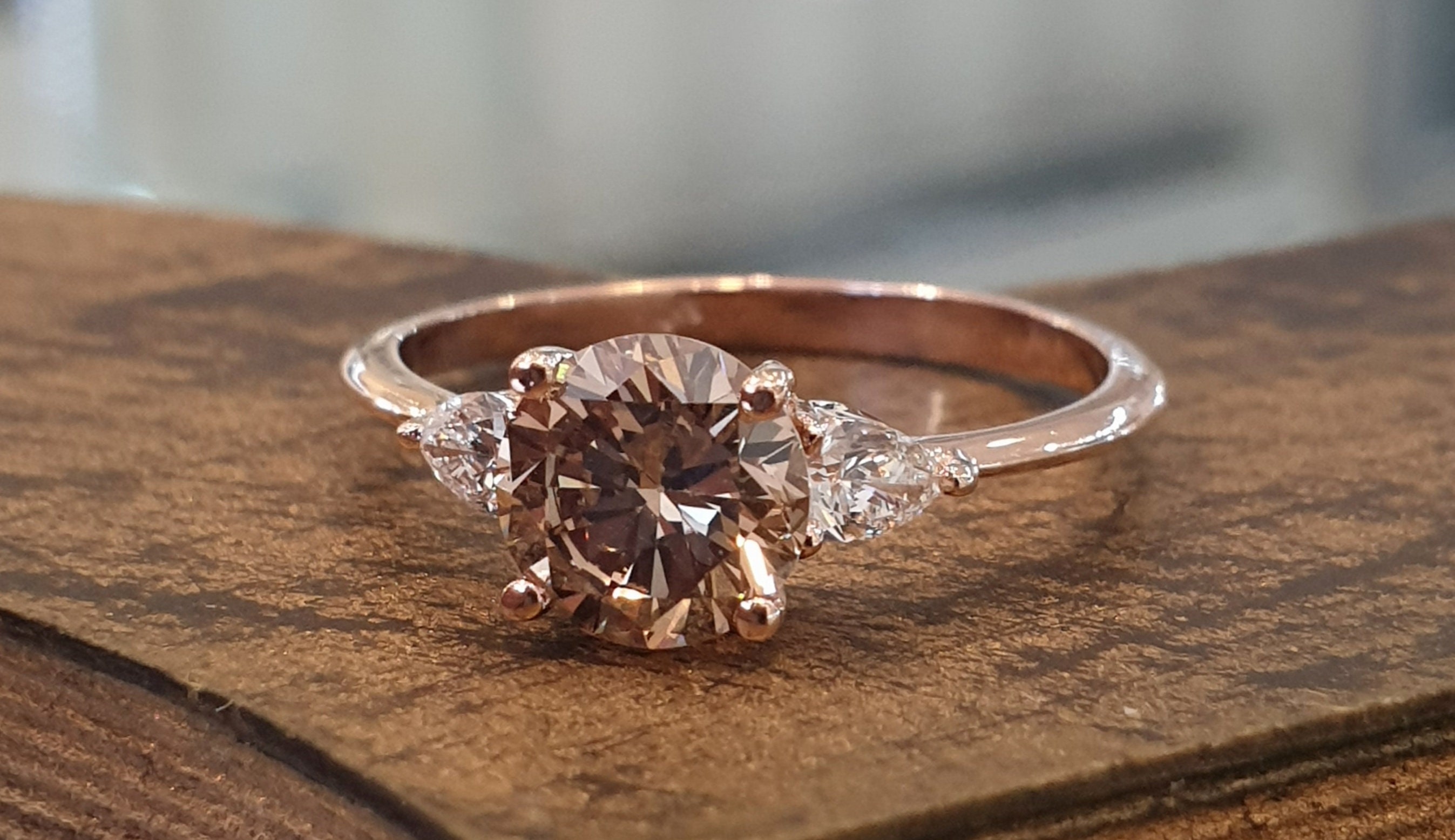 Engagement Ring 14k Rose Gold 1.00Ct Champagne Diamond And Two Drop Diamonds