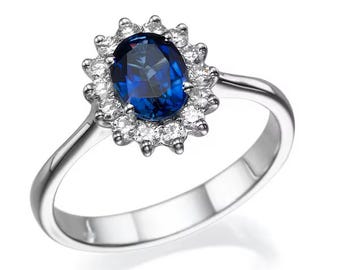 Sapphire Ring 14k White Gold With Diamonds And Blue Sapphire, Princess Diana Ring, engagement ring, Blue Sapphire Ring, Gispandiamonds