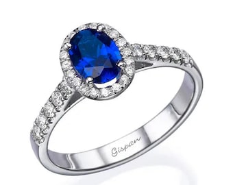 Oval Blue Sapphire Engagement Ring 14k White Gold And White Diamonds For Women Promise Statement Unique Gift For Her