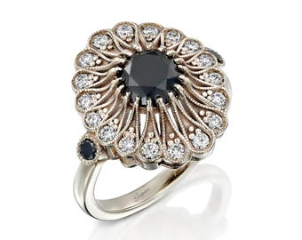 Vintage Engagement Ring For Women Black Diamond Natural White Gold , Unique Engagement Ring, Art Deco Ring, Edwardian Ring