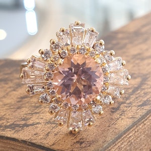 Art Deco Engagement Ring 2ct Morganite Round And Baguette Diamonds 14k Rose Gold