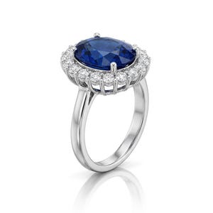 Princess Diana Sapphire Halo Ring 4CT Oval Cut : 9K White Gold, Lab Diamond Accent image 2