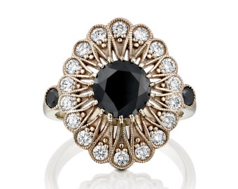 Antique Black And White Diamonds Engagement Ring Natural White Gold, Art Deco Ring, Boho Engagement Ring, Unique Vintage Band Ring