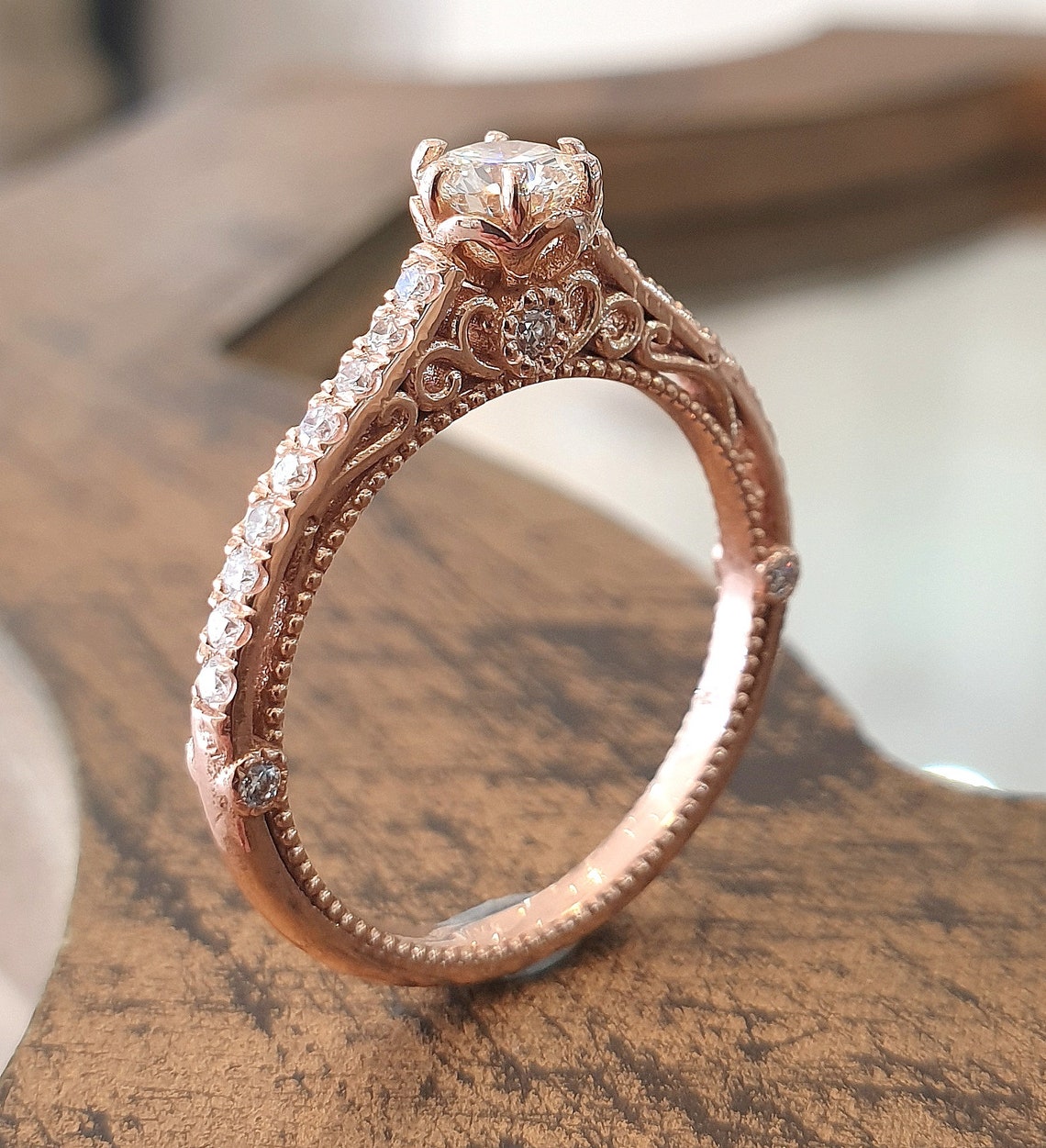 Engagement Ring Victorian Style 14k Rose Gold 0.40 Diamond image 1