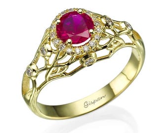 Filigree Ruby Engagement Ring 14k Yellow Gold Diamonds Band, Gemstone Engagement Ring, Promise Ring, Anniversary Ring
