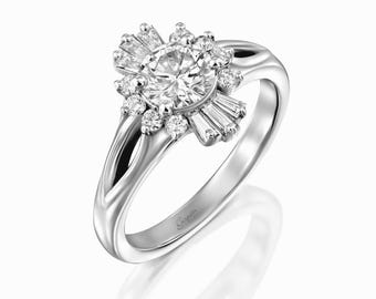 Vintage-inspirierter Art-Deco-Diamant-Verlobungsring, Baguette-Ring aus 14-karätigem Weißgold
