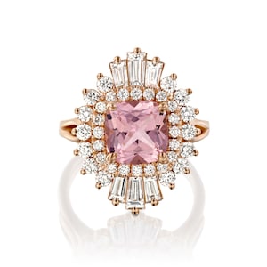 At Deco Engagement Ring 1.5 Pink Morganite 1.00CT Diamonds Round And Baguette Cut 14k Rose Gold