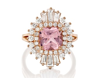 At Deco Engagement Ring 1.5 Pink Morganite 1.00CT Diamonds Round And Baguette Cut 14k Rose Gold