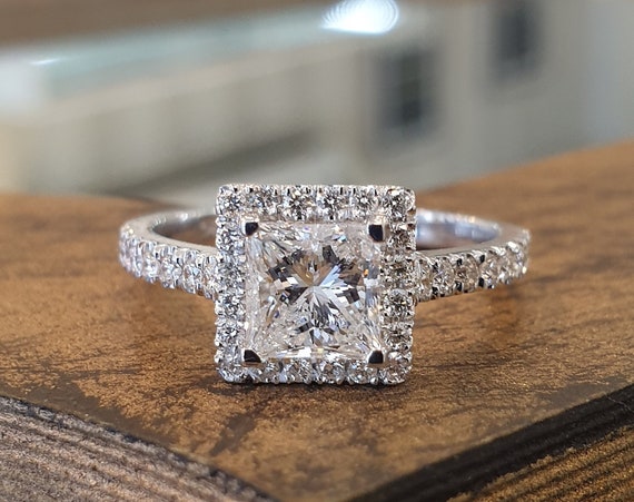 Princess Cut Classic Halo Diamond Engagement Ring in Platinum