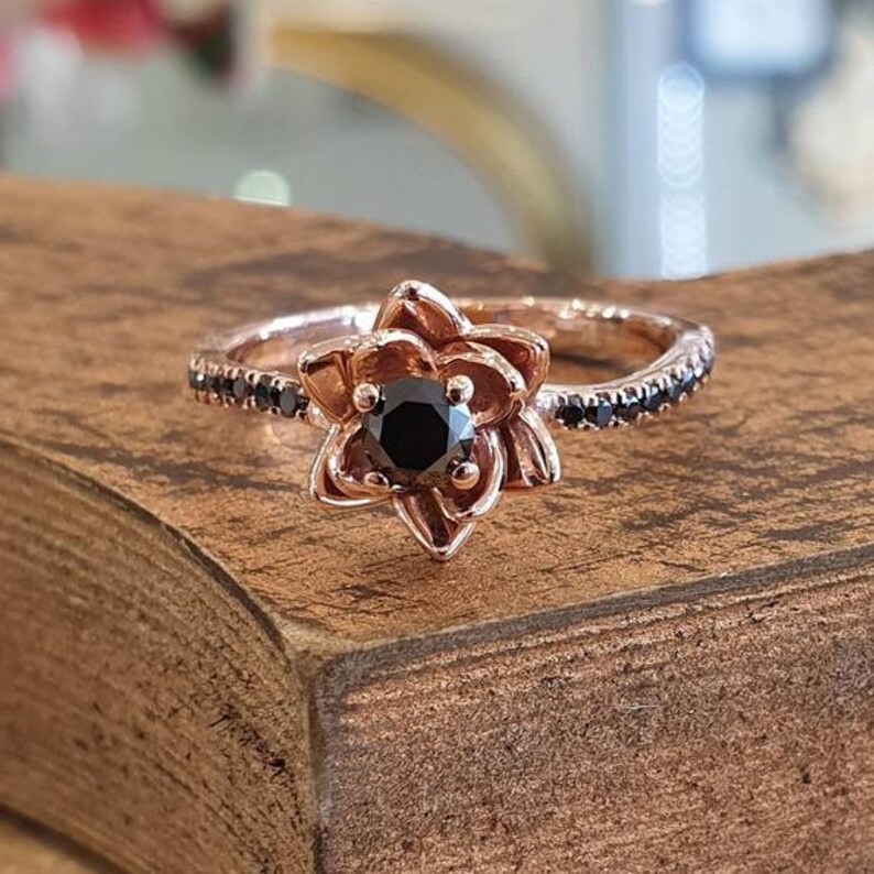 Rose Gold Black Diamond Flower Engagement Ring Unique Etsy