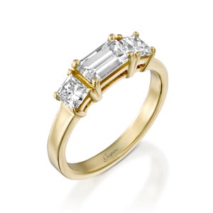 Anello di fidanzamento con diamante, anello in oro giallo 14k con taglio smeraldo, anello di fidanzamento unico, anello con diamante taglio principessa, anelli per donna