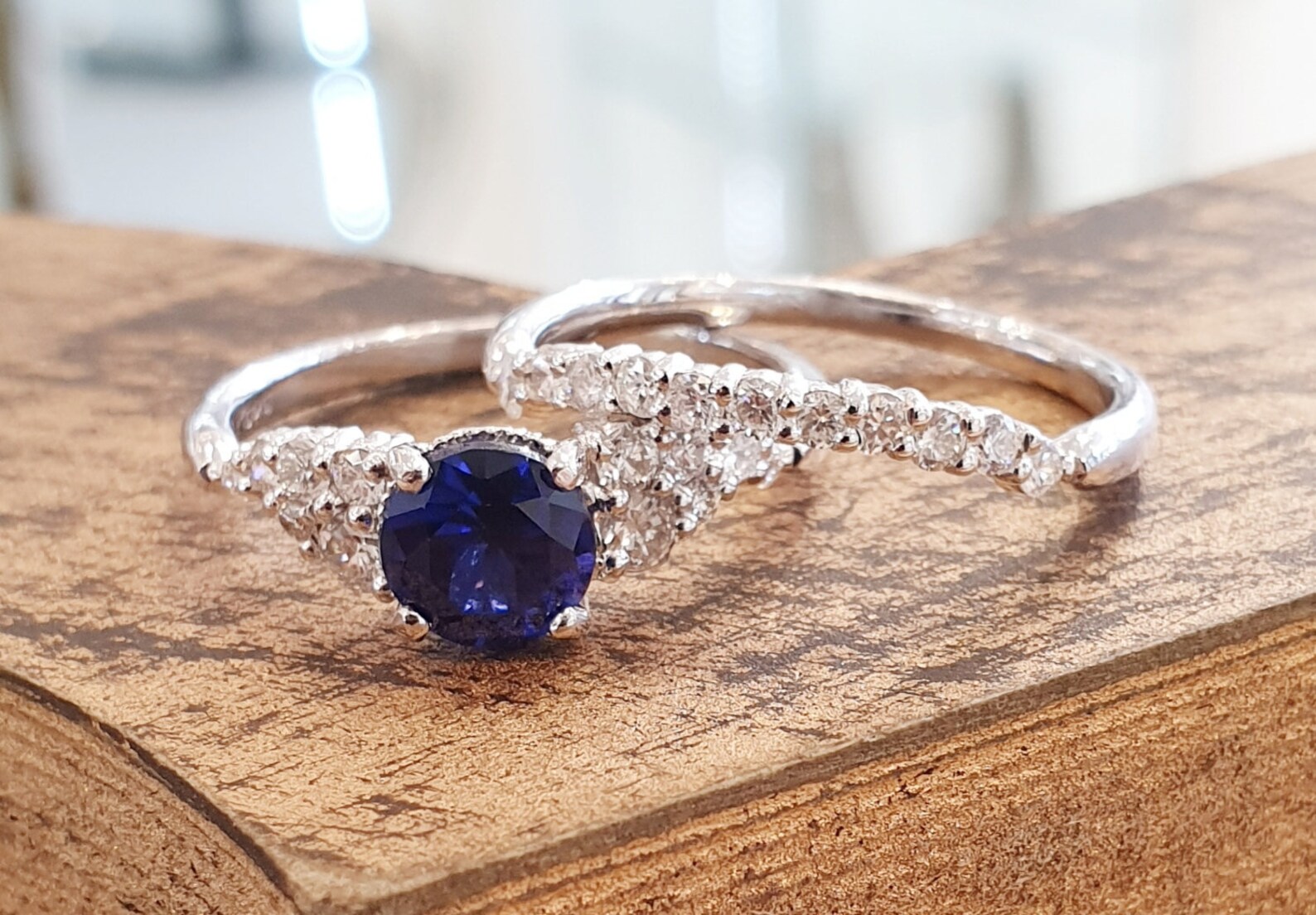 Bridal Set Blue Sapphire and Diamonds 14k White Gold, Engagement Ring ...