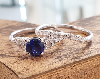 Bridal Set Blue Sapphire And Diamonds 14k White Gold, Engagement Ring Set For Women, Wedding Set, Set Of Rings, Promise Rings