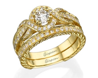 Antique Diamond Engagement Rings 14k Yellow Gold, Milgrain Wedding Set, Engagement Ring Set, Rings Set, Gold Rings For Women, Bridal Set