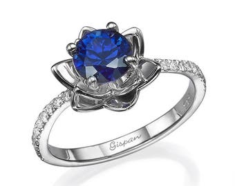 Flower Blue Sapphire Diamond Engagement Ring In 14k White Gold, Sapphire Engagement Ring, Promise Ring, Statement Ring, Cocktail Ring