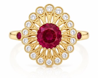 Antique Ruby and Diamond Engagement Ring, 14k Yellow Gold Cocktail Ring