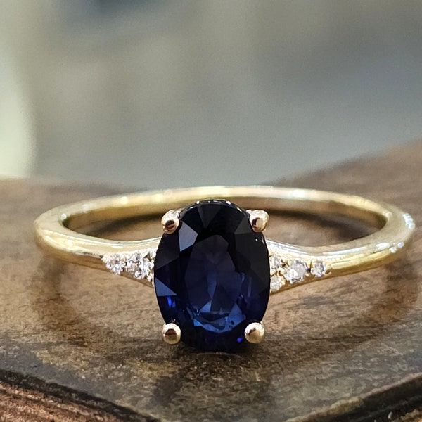 Oval Blue Sapphire Ring For Women 14k Yellow Gold, Diamond Ring With Gemstone Round Band, Unique Gift For Her