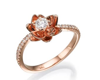 Anillo de compromiso de oro rosa con diamantes y flores / Anillo de compromiso de oro rosa / Anillo de compromiso delicado / Engaste art déco de oro rosa de 14 quilates
