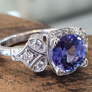 Vintage Engagement Ring Blue Tanzanite 14k White Gold Diamond Band, Unique Engagement Ring For Women, Art Deco Ring