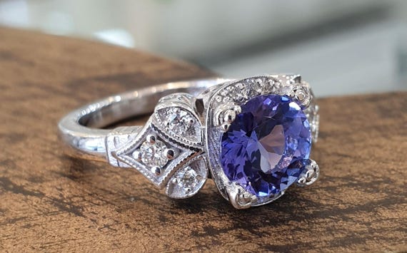 Vintage Engagement Ring Blue Tanzanite 14k White Gold Diamond Band Unique Engagement Ring for Women Art Deco Ring Etsy