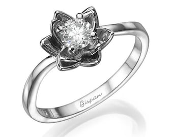 Flower Engagement Ring, 14k White Gold Diamond Ring, Floral Wedding Ring, Anniversary Ring, Dainty Engagement Ring