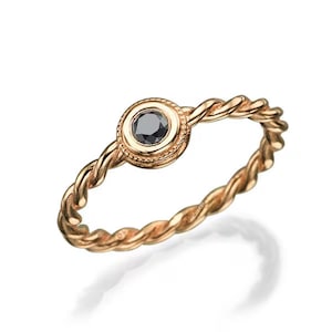 Spiral Black Diamond Ring 14k Rose Gold Bezel Settings Statement Diamond Ring Minimalist Wedding Promise Ring