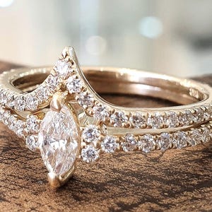 Wedding Ring Set Marquise Diamond 14k Yellow Gold Matching Wedding Band Engagement Ring Set For Women Unique Bridal Set