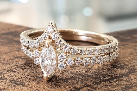 Wedding Ring Set Marquise Diamond 14k Yellow Gold Matching Wedding Band Engagement Ring Set for Women Unique Bridal Set Etsy
