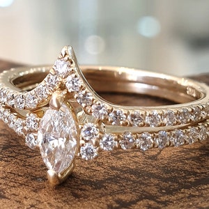 Wedding Ring Set Marquise Diamond 14k Yellow Gold Matching Wedding Band Engagement Ring Set For Women Unique Bridal Set image 1