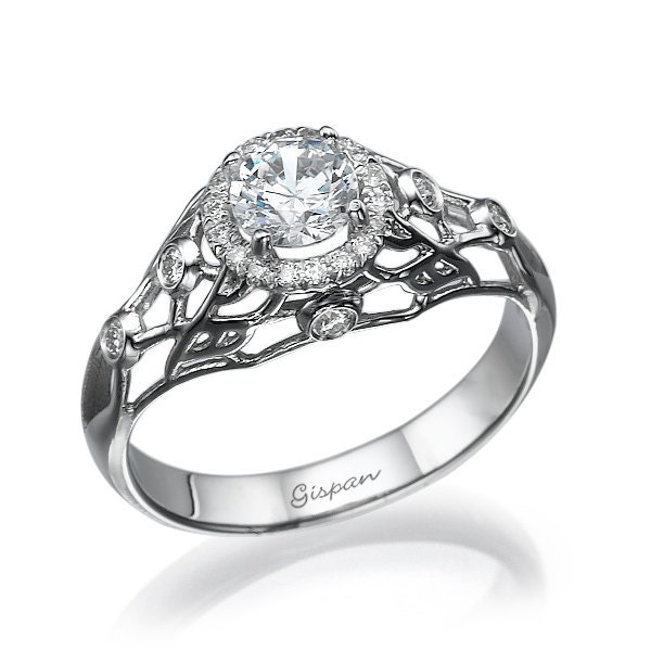 Filigree Diamond Engagement Ring White Gold Halo Setting Rings For Women