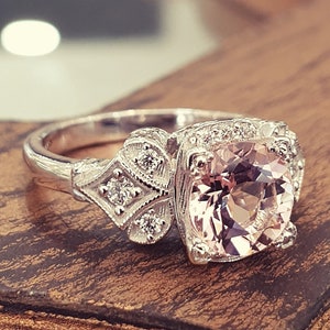 Vintage Engagement Ring Pink Morganite 14k White Gold, Unique Engagement Ring For Women, Art Deco Ring